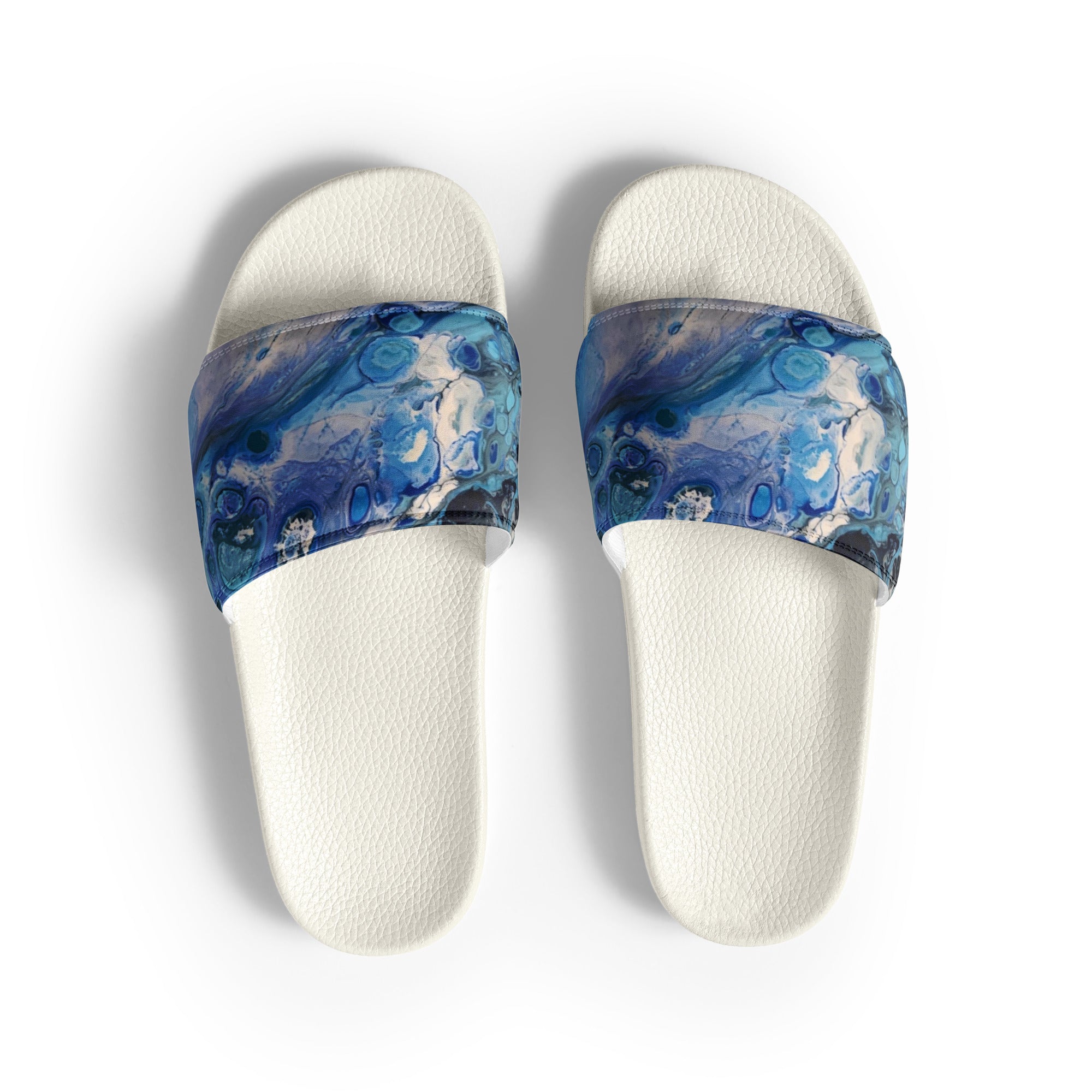 men's blue slide sandals on a white background