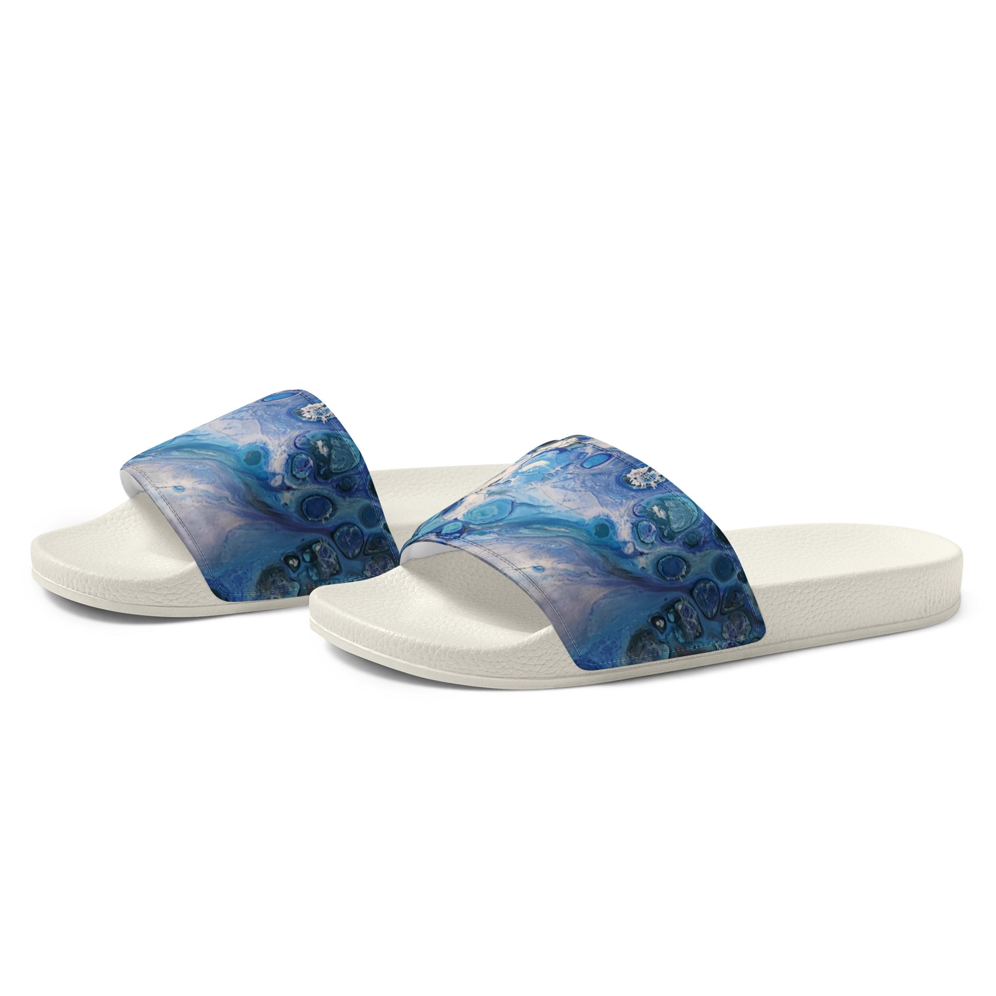 men's blue slide sandals on a white background