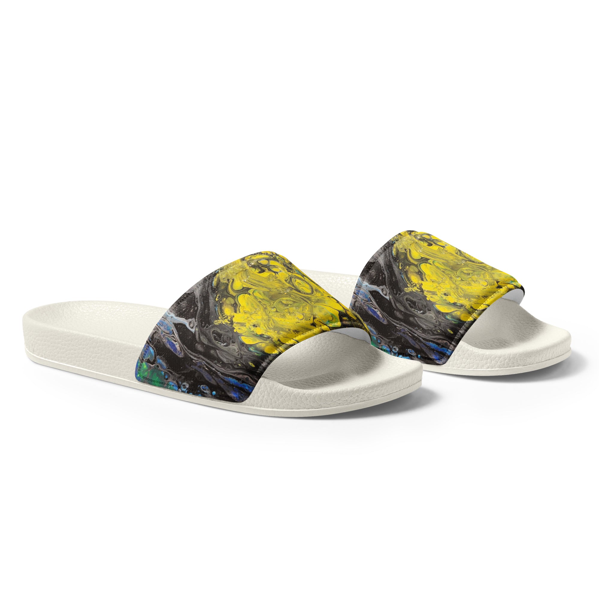men's yellow abstract slides on a white background