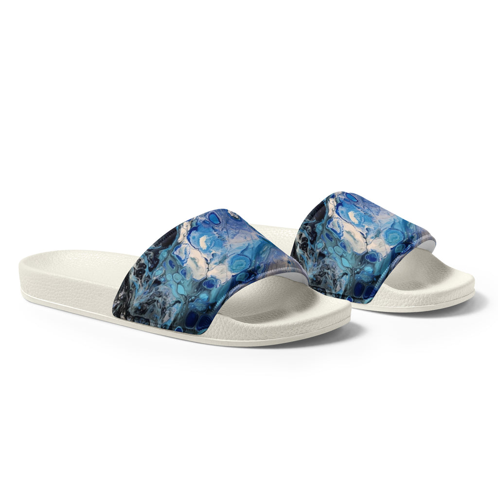 men's blue slide sandals on a white background