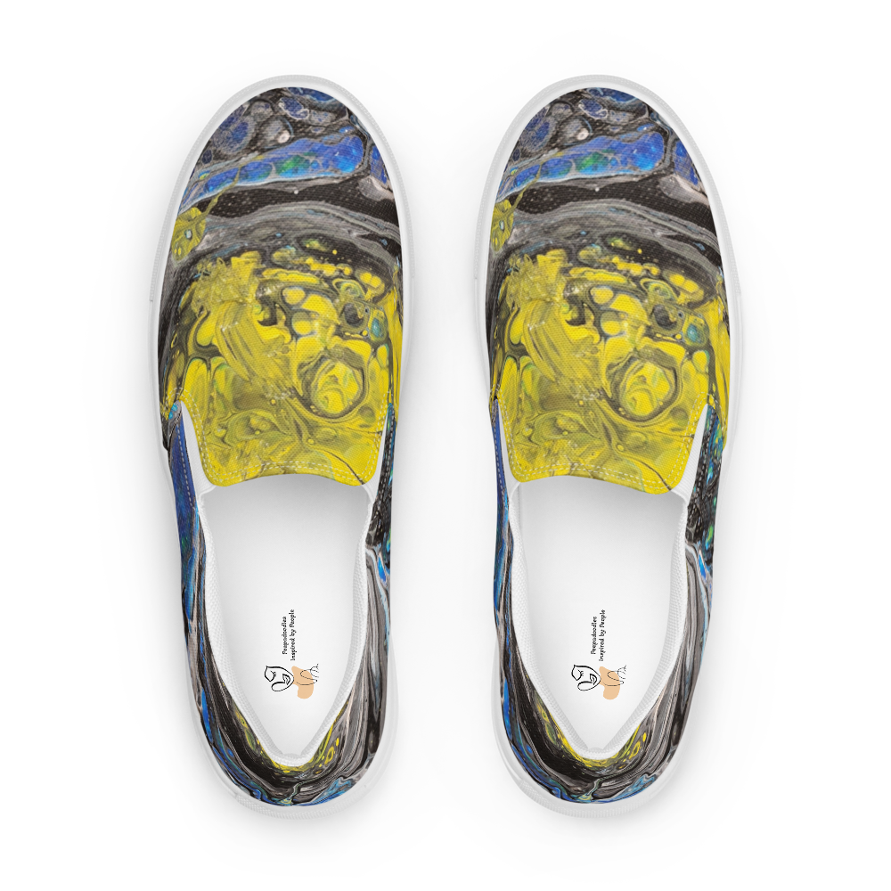 Pair of slip-on shoes with abstract design on a white background