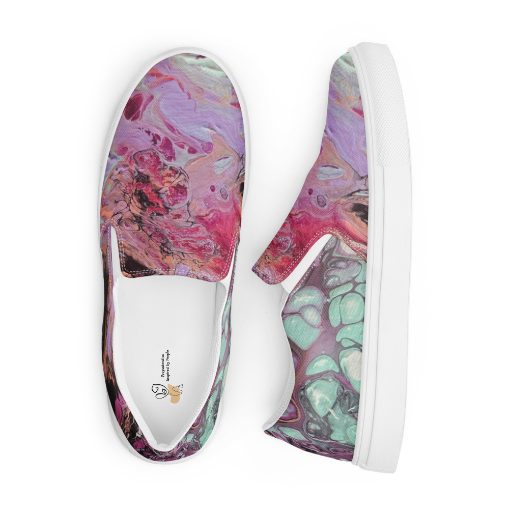 Colorful marbled slip-on shoes on a white background