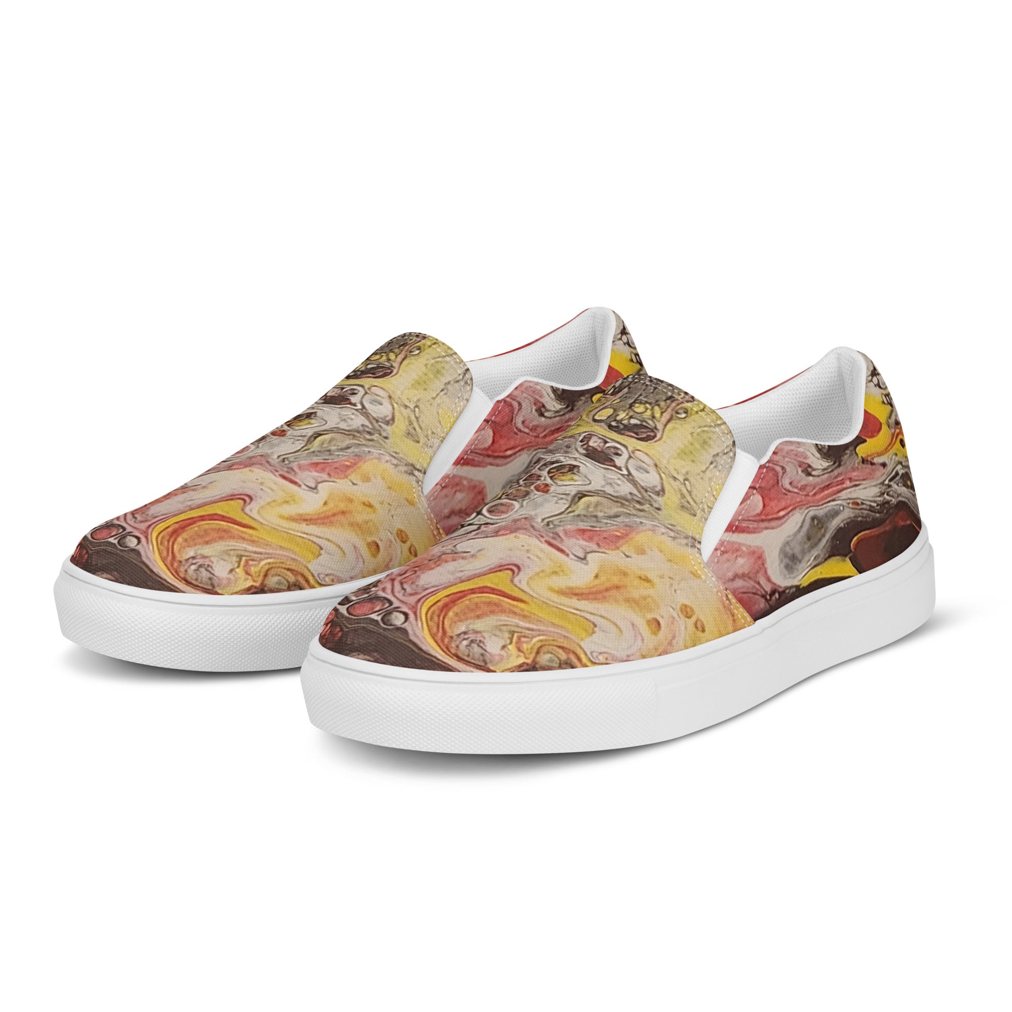 Colorful marbled slip-on shoes on a white background