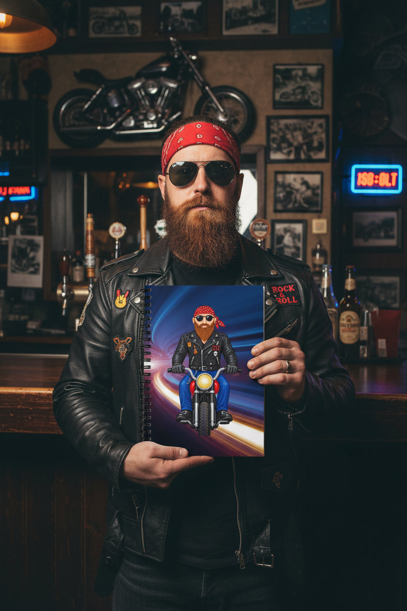 A spiral-bound notebook with a black metal coil on a white background. The notebook cover features a colorful cartoon illustration of a bearded man wearing a red bandana and sunglasses, riding a red and black motorcycle against a blue and purple light streak background.