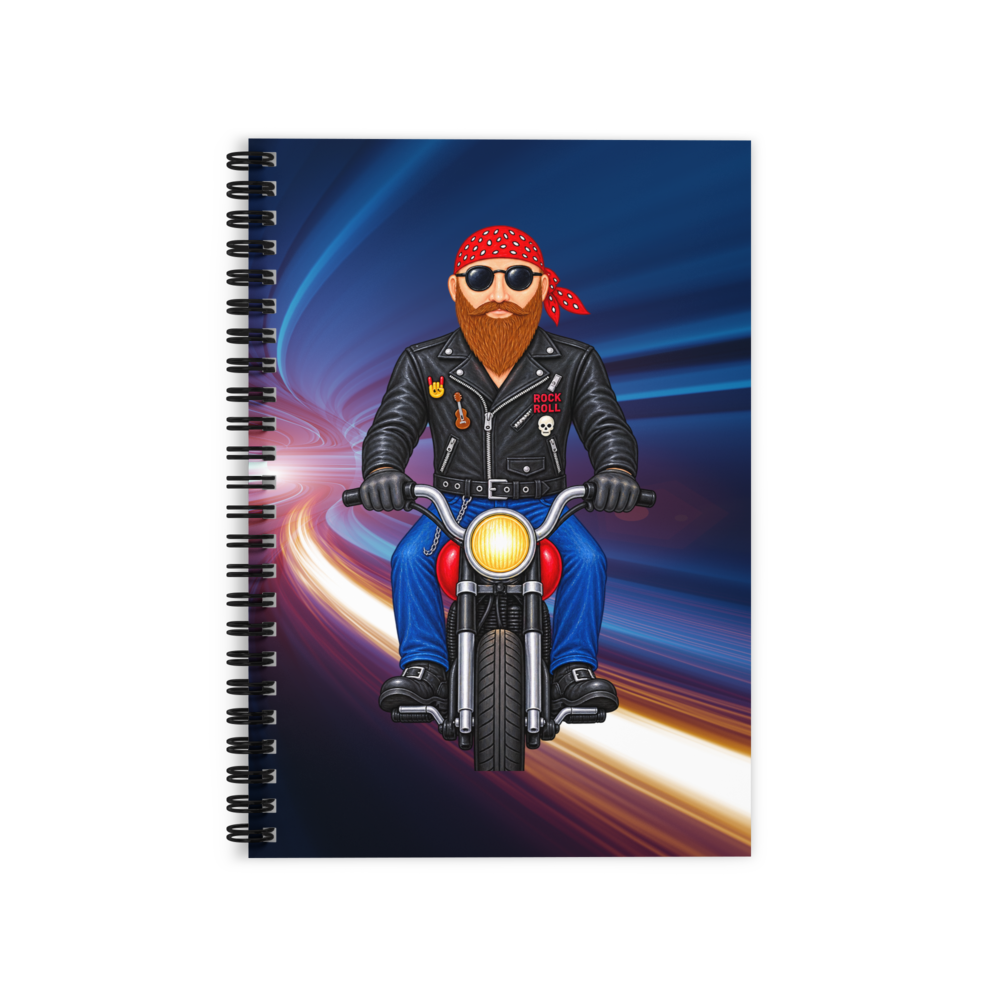 a notebook with a biker image on the cover