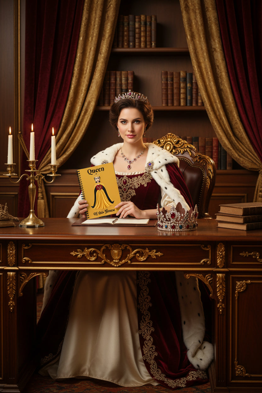 A spiral-bound notebook with a mustard yellow cover featuring an illustration of a queen in a gold and black gown, with the text 'Queen Of this House' printed on the front.