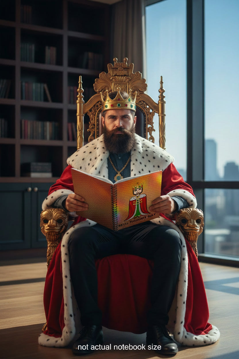 A spiral-bound notebook with a colorful cover illustration of a cartoon king in a red cape and gold crown, with the text 'ROYAL THOUGHTS ONLY' at the bottom, shown on a plain white background.