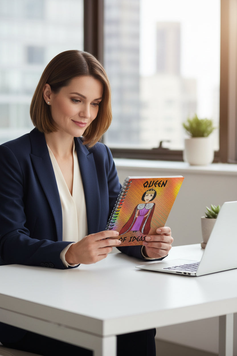 A spiral-bound notebook with a colorful cover illustration of a crowned queen in a purple gown and red cape on an iridescent orange background, with the text 'QUEEN OF IDEAS'.
