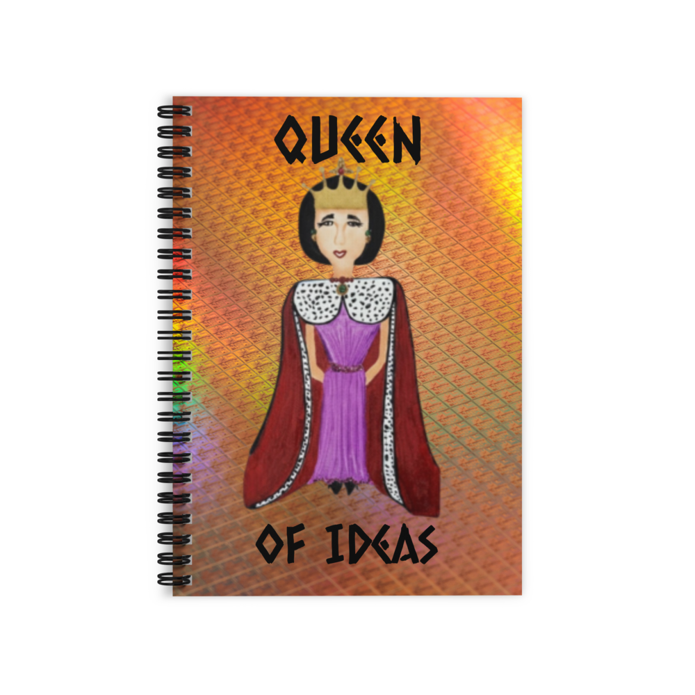 Picture of a notebook with a whimsical characterof a queen on a white background