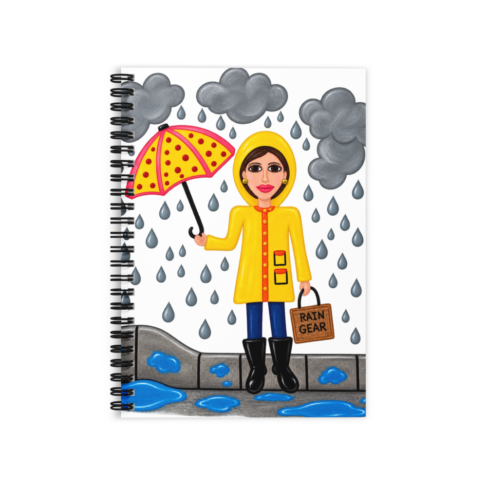 image of a girl  in a yellow raincoat holding an umbrella in a rainstorm