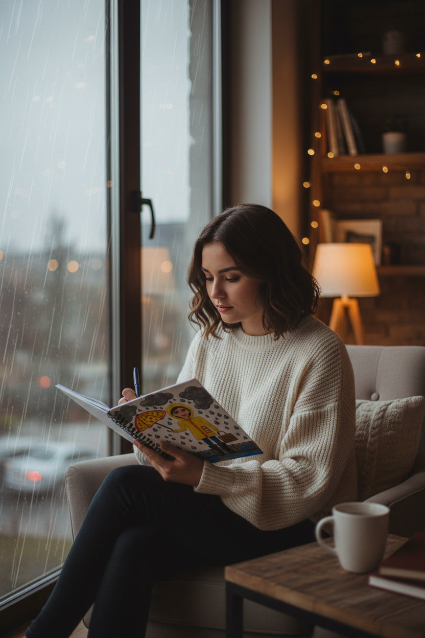 image of a young woman sitting by a window during a rainstorm while writing into a notebook