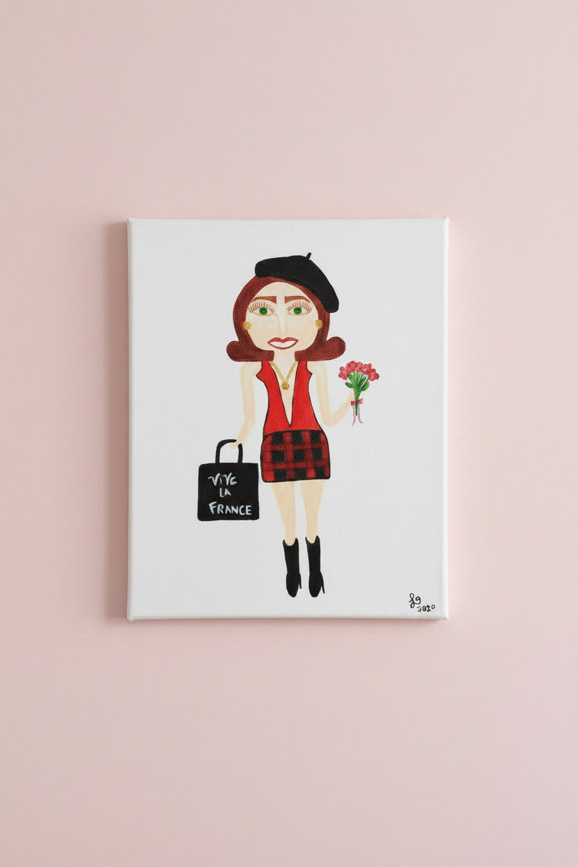 Illustration of a woman in a red dress and black beret holding flowers and a 'Vive la France' bag on a white background.