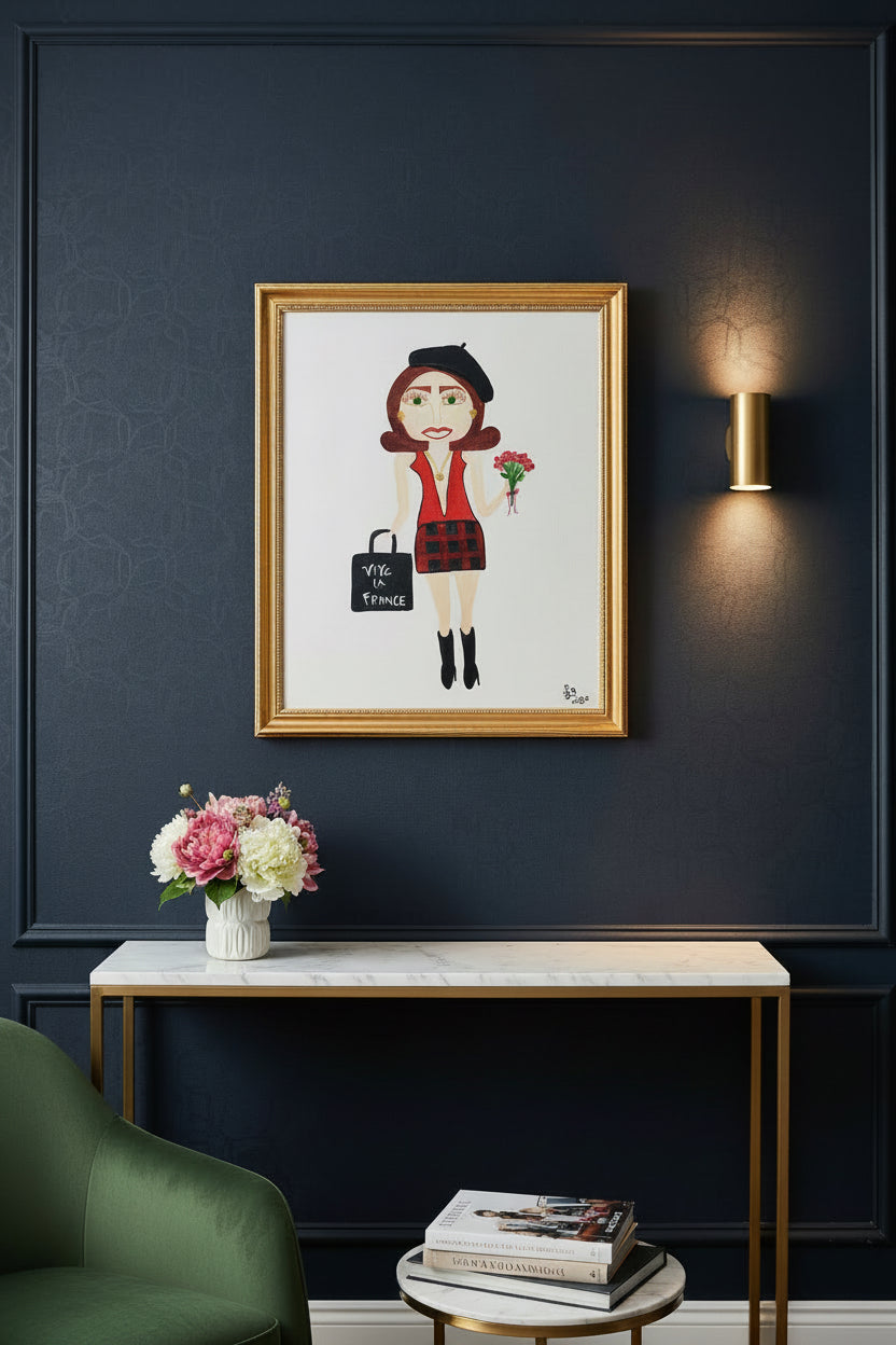 Illustration of a woman in a red dress and black beret holding flowers and a 'Vive la France' bag on a white background.