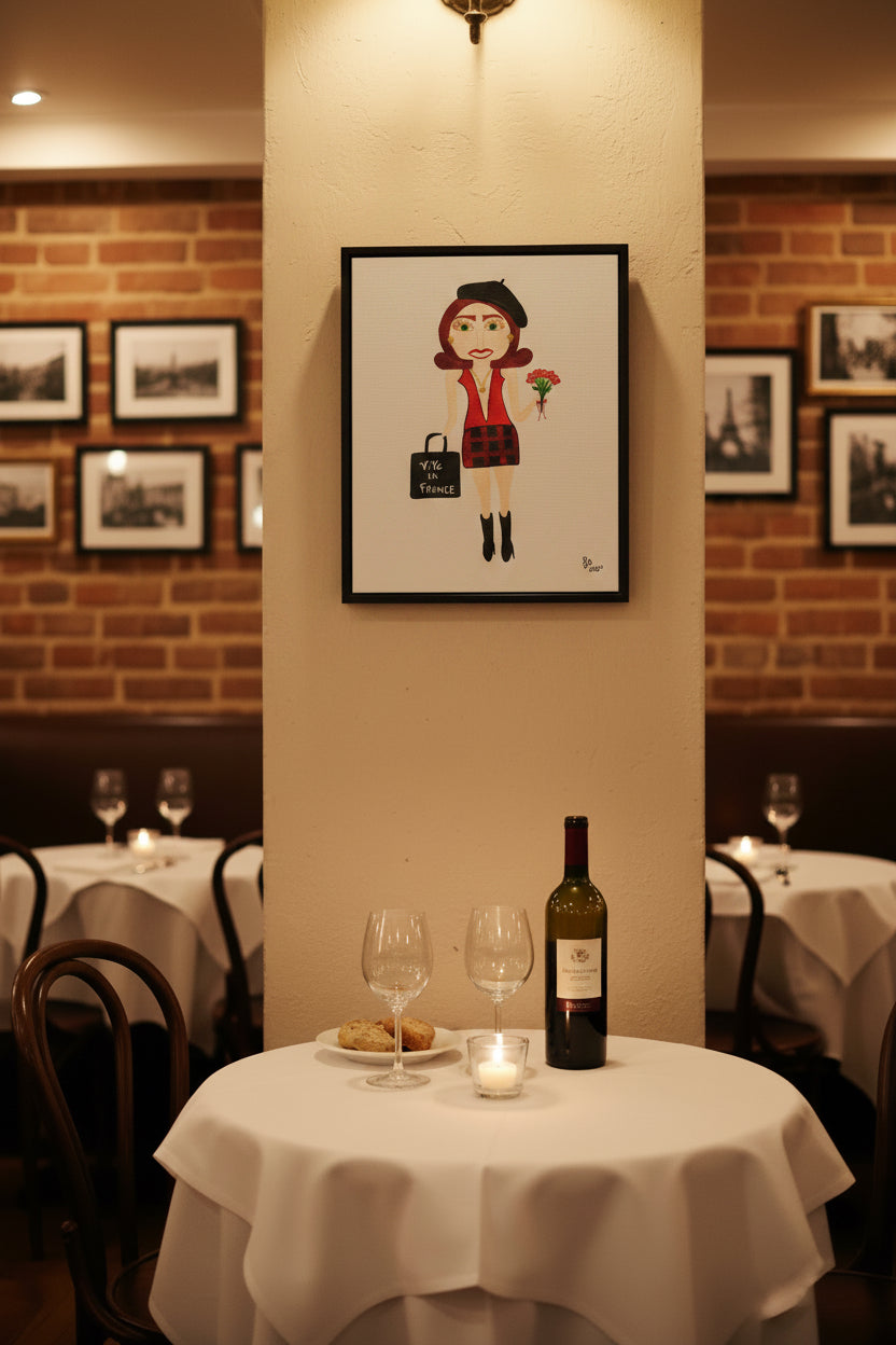 Illustration of a woman in a red dress and black beret holding flowers and a 'Vive la France' bag on a white background.