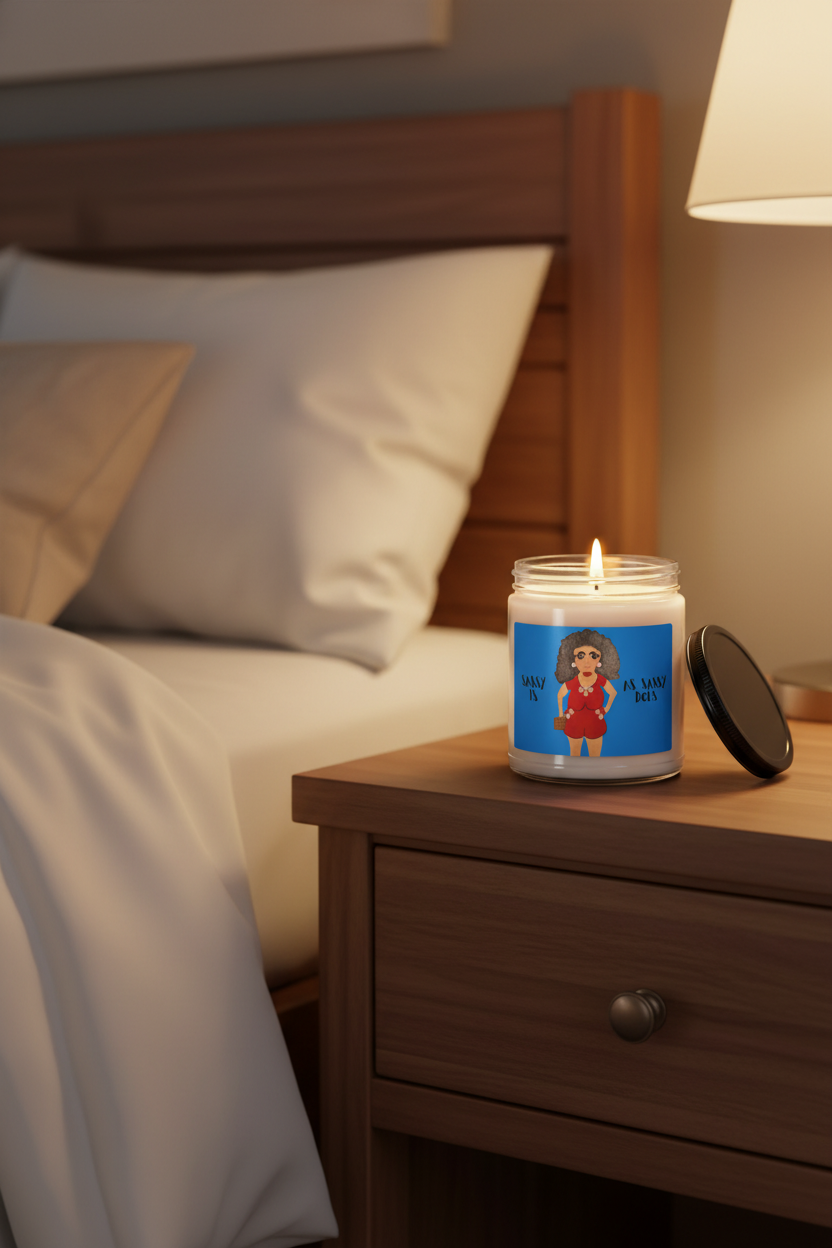 A white glass jar candle with a black metal lid, featuring a blue label with an illustration of a woman in a red outfit and the text 'Sassy is as Sassy Does'.