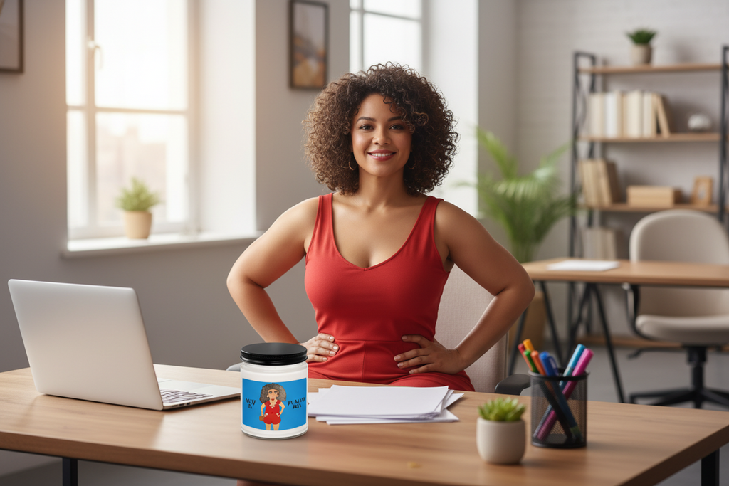 A white glass jar candle with a black screw-on lid and a colorful front label. The label features an illustration of a woman with an afro wearing a red romper against a bright blue background, with the text 'SASSY IS AS SASSY DOES'.