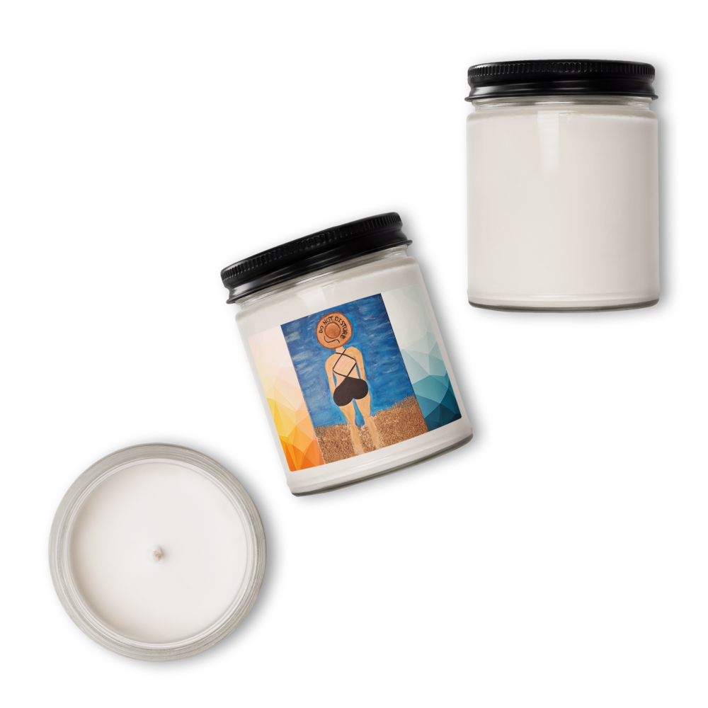 Three views of a glass jar candle on a white background: one showing the full candle with a black lid and cream wax, one showing the open top with the wick, and one showing the side label with a colorful beach illustration.