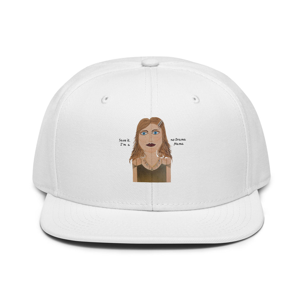 white hat with no drama mama cartoon on a white background