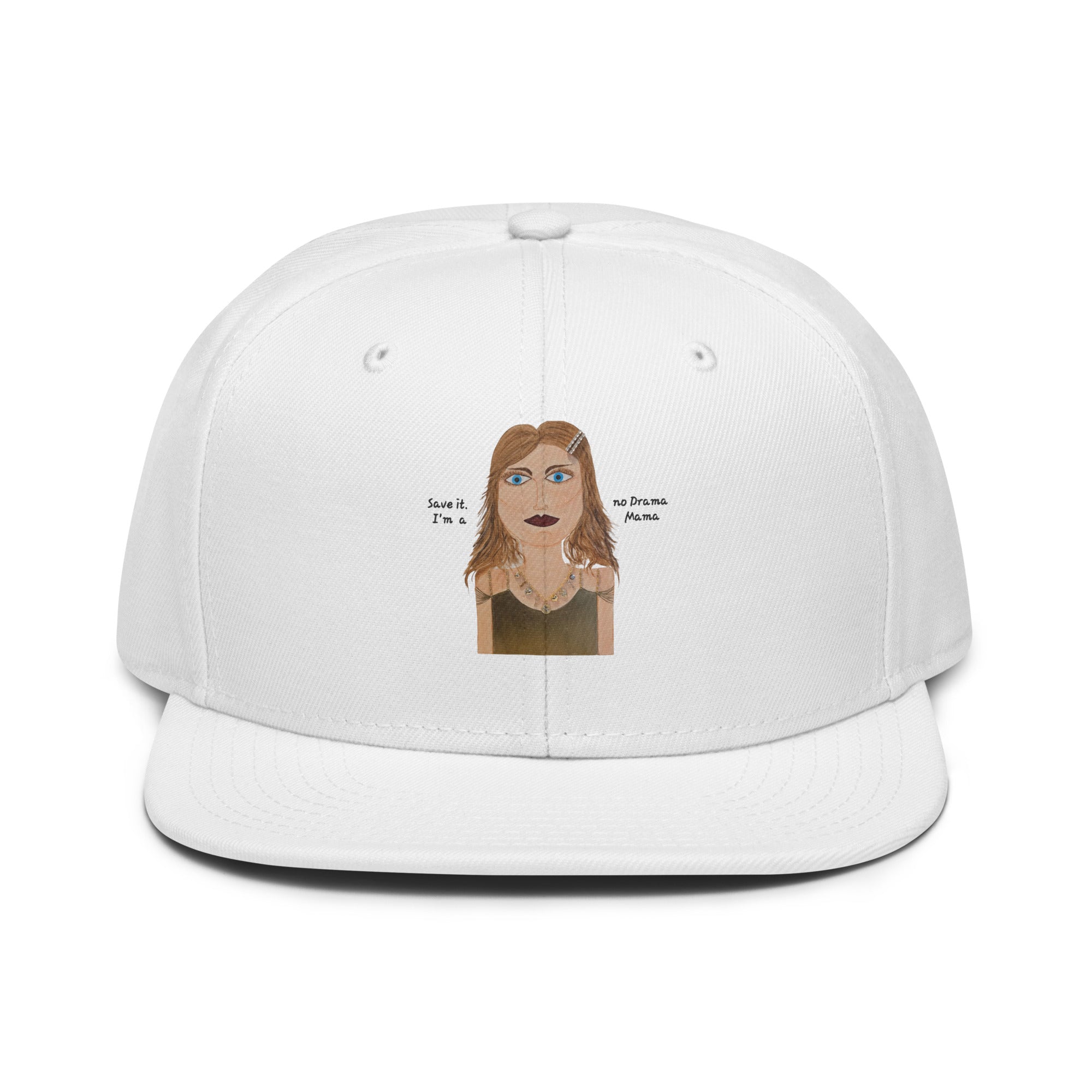 white hat with no drama mama cartoon on a white background