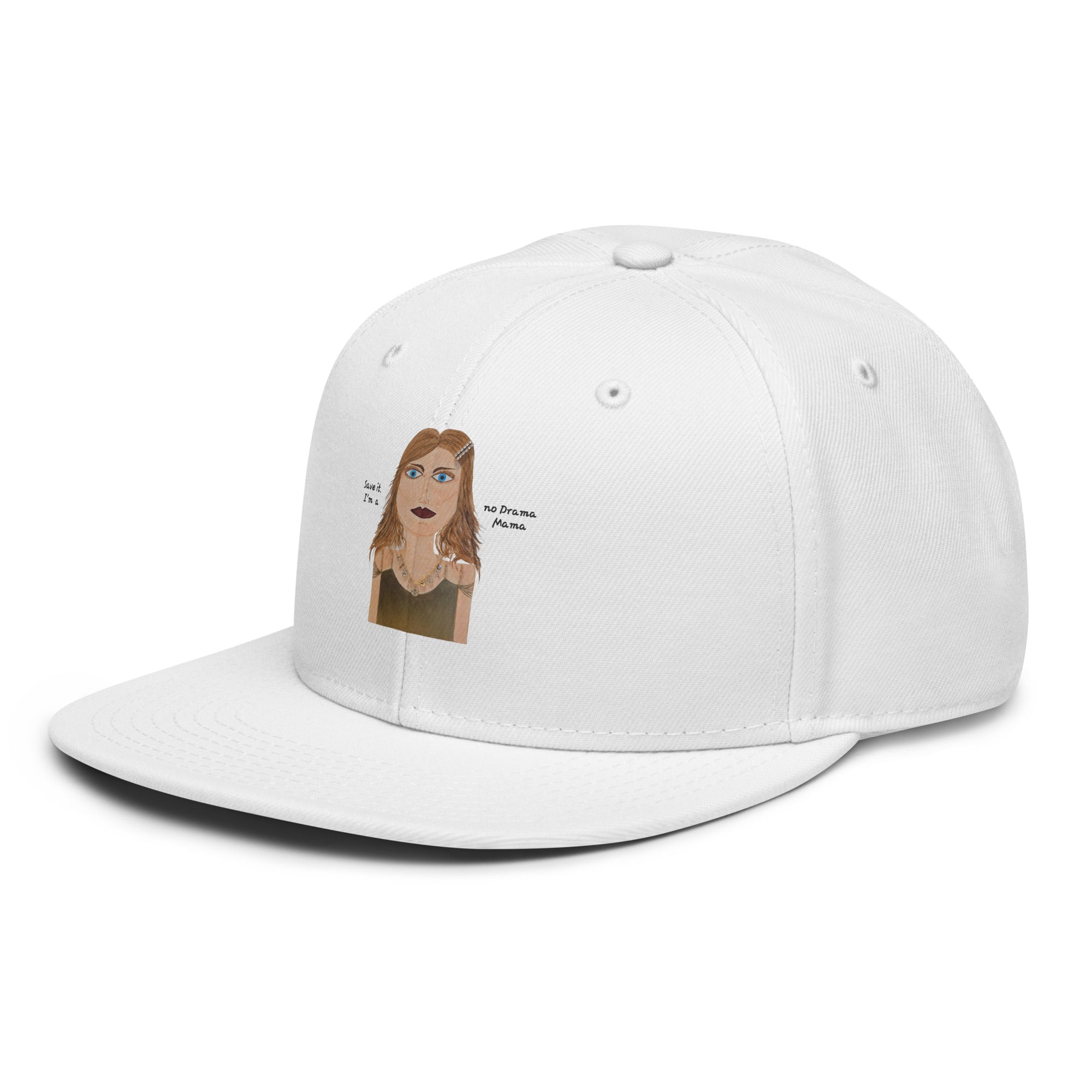 white hat with no drama mama cartoon on a white background