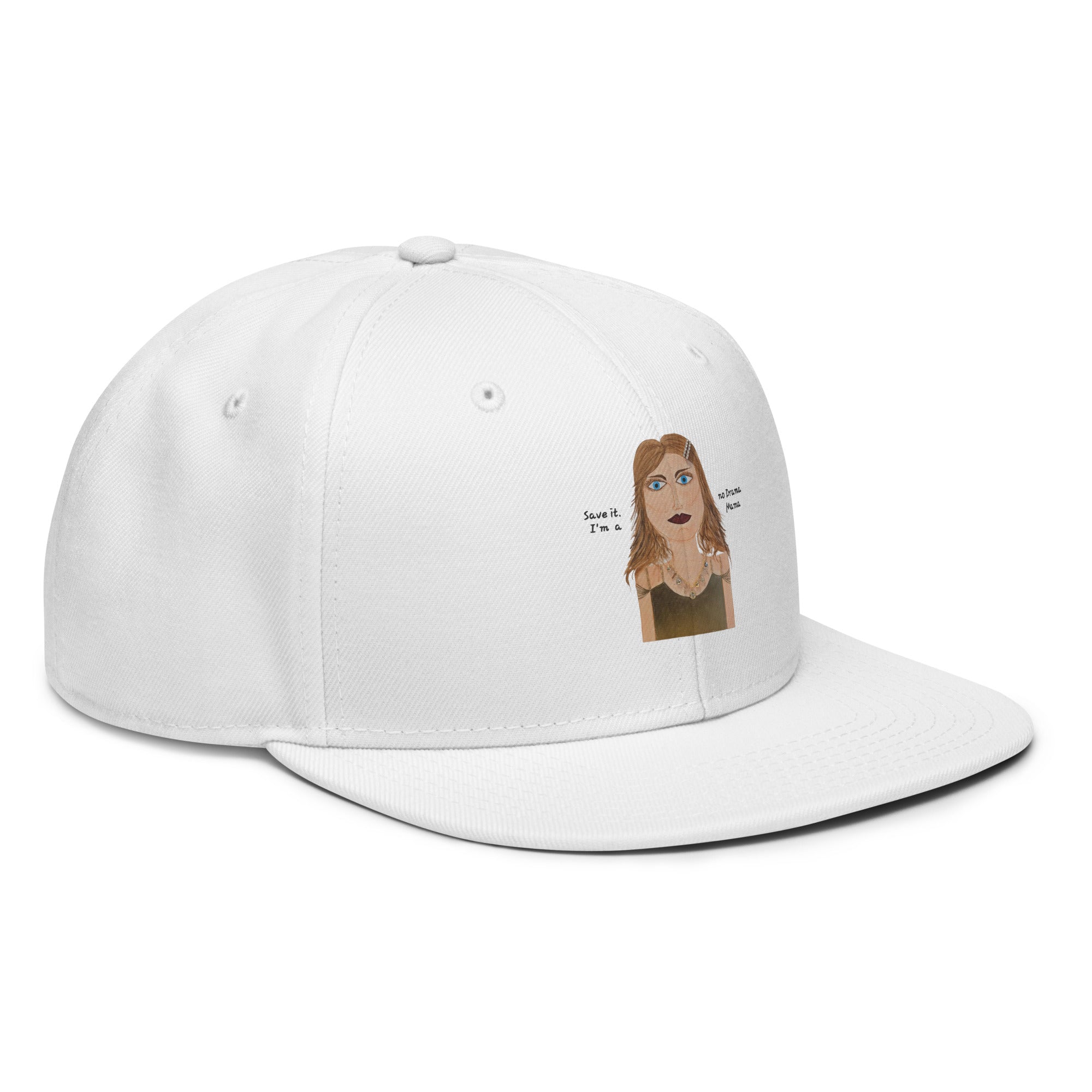 white hat with no drama mama cartoon on a white background