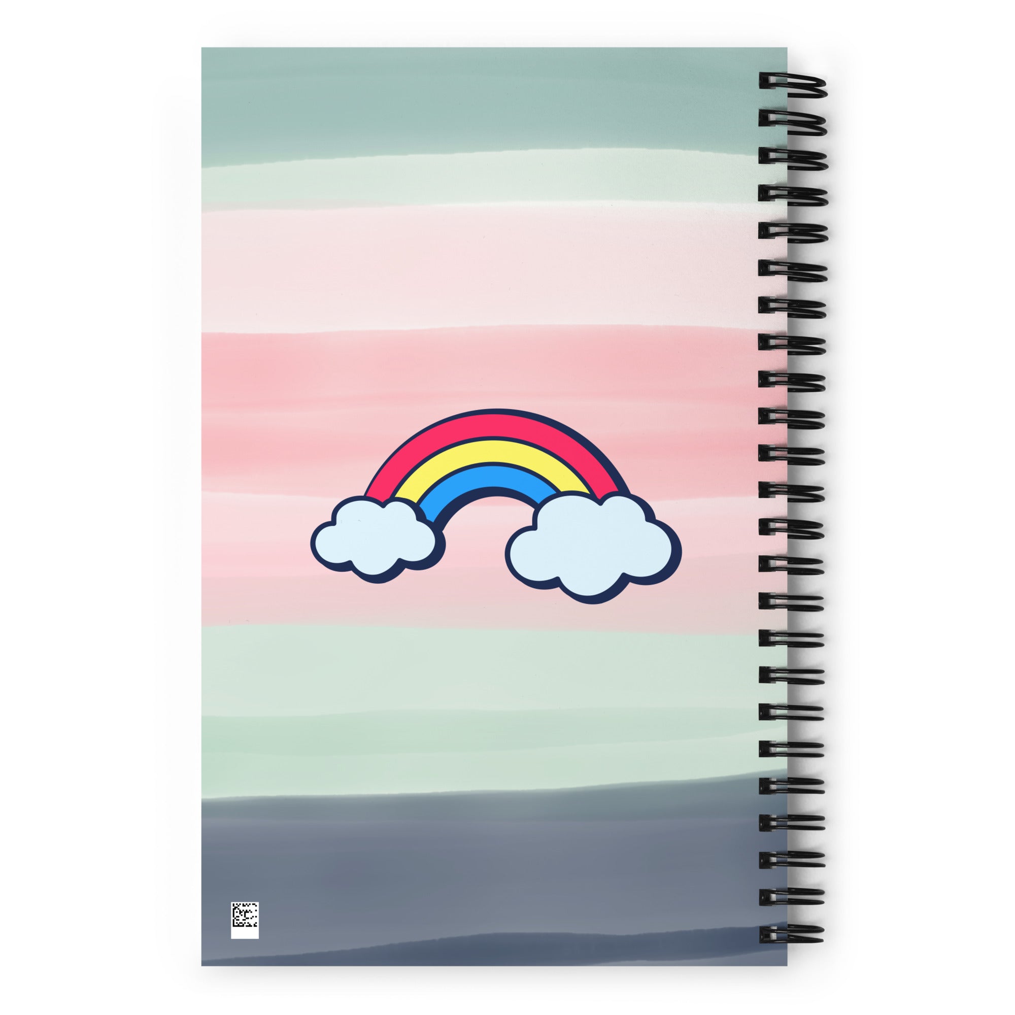 Notebook with a rainbow and cloud design on a pastel striped background