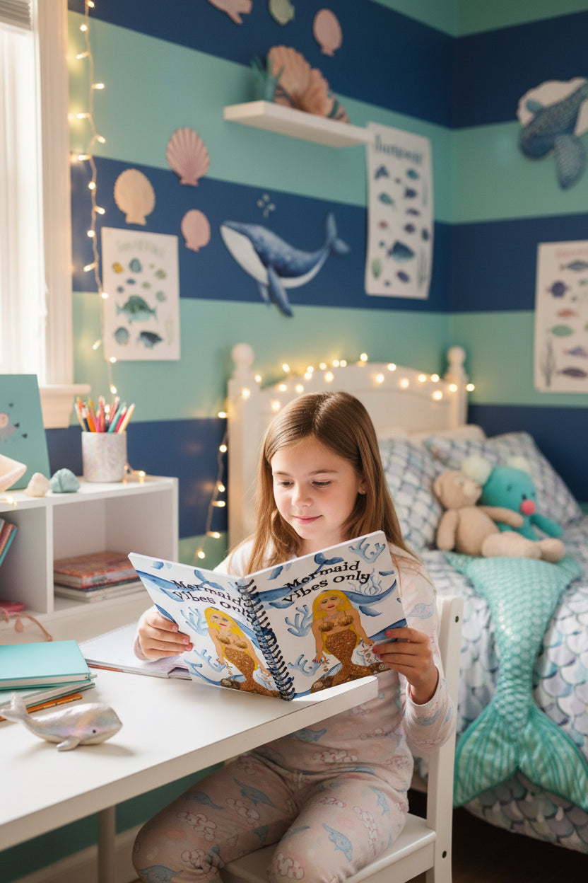 A spiral-bound notebook featuring a cartoon mermaid with a gold tail and shell top, surrounded by blue whales and coral on a white background, with the text 'Mermaid Vibes Only' printed above.
