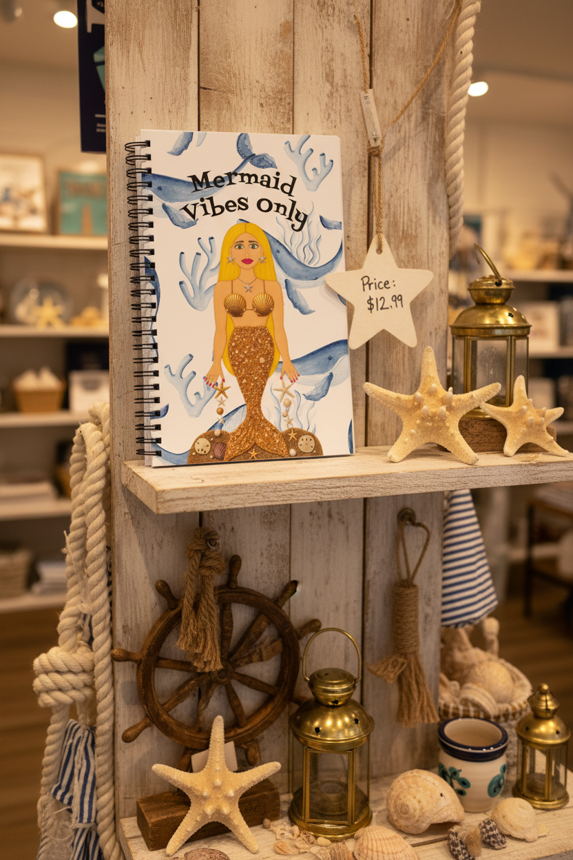 A spiral-bound notebook with a mermaid illustration and the text 'Mermaid Vibes Only' on a white cover, photographed on a light tabletop with a few blurred props nearby.