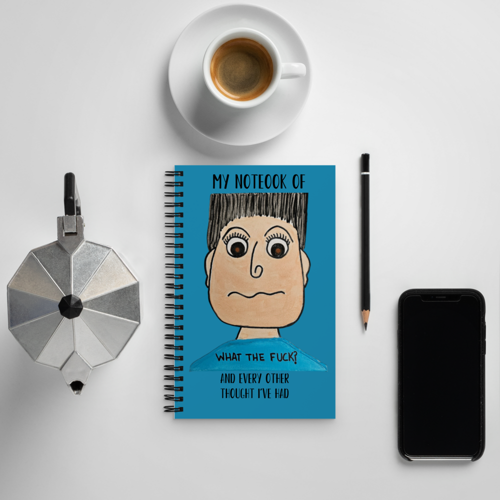 Spiral notebook — WTF? — Peepadoodles, front view.