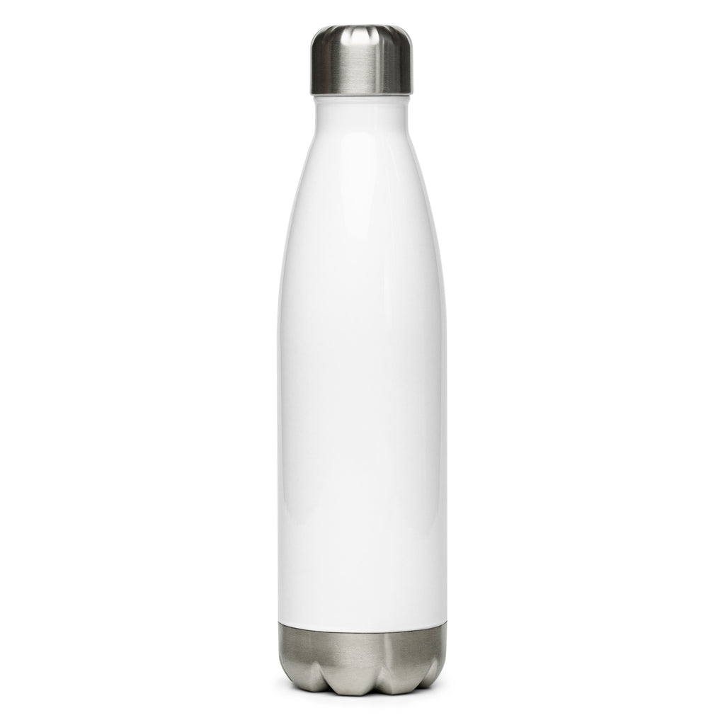 White insulated bottle with silver lid and base on a white background