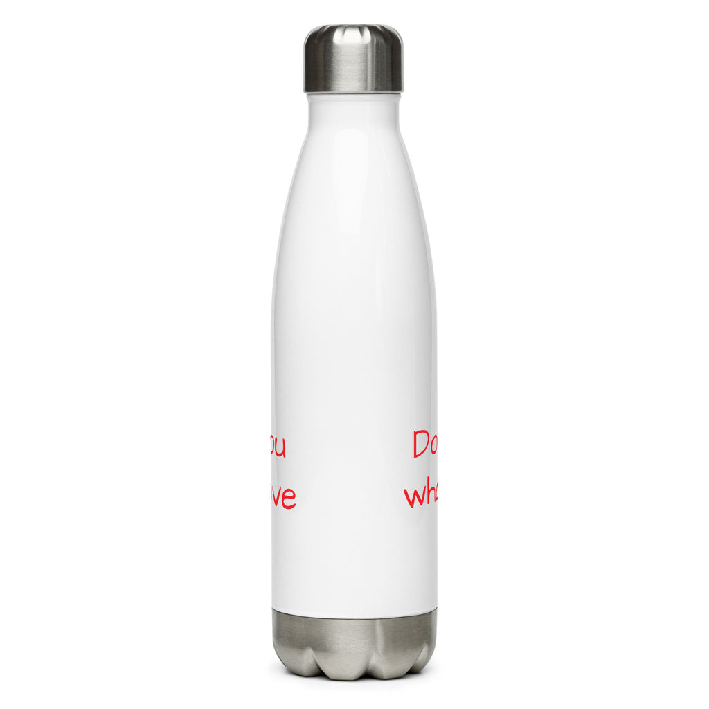 White water bottle with red text on a white background