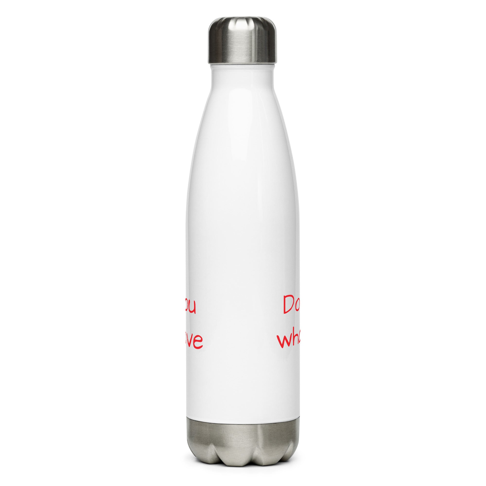 White water bottle with red text on a white background