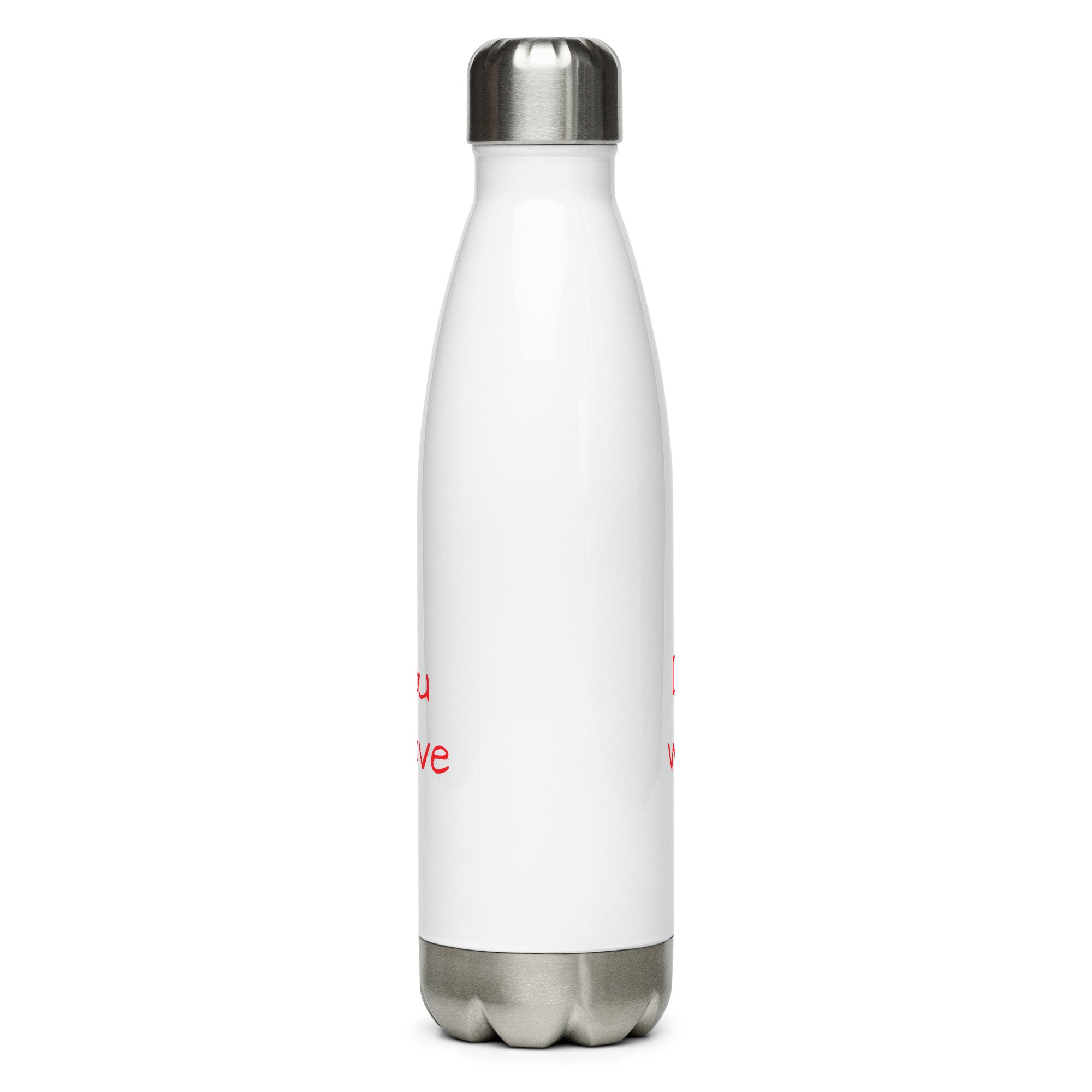 White water bottle with red text on a white background