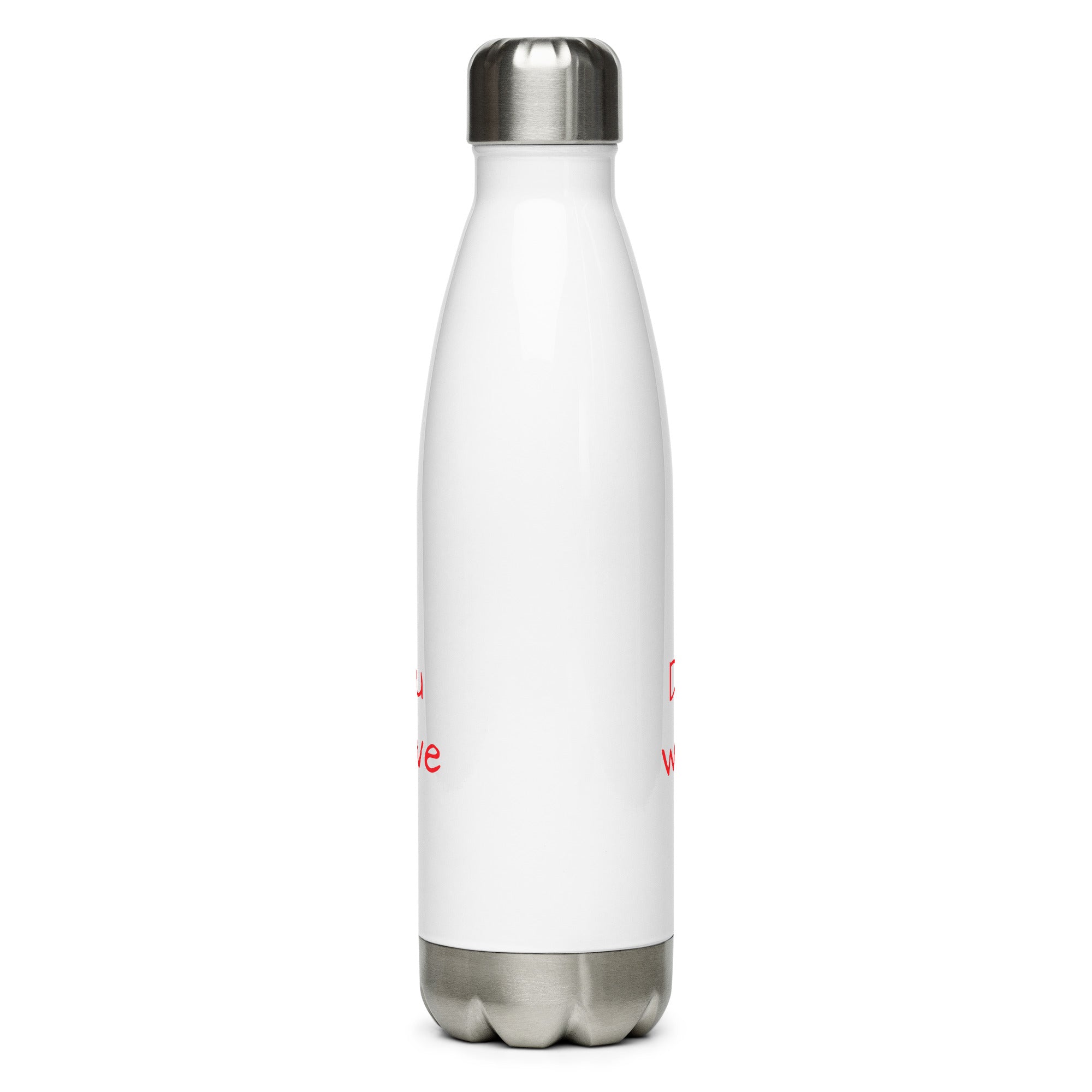 White insulated bottle with red text on a white background