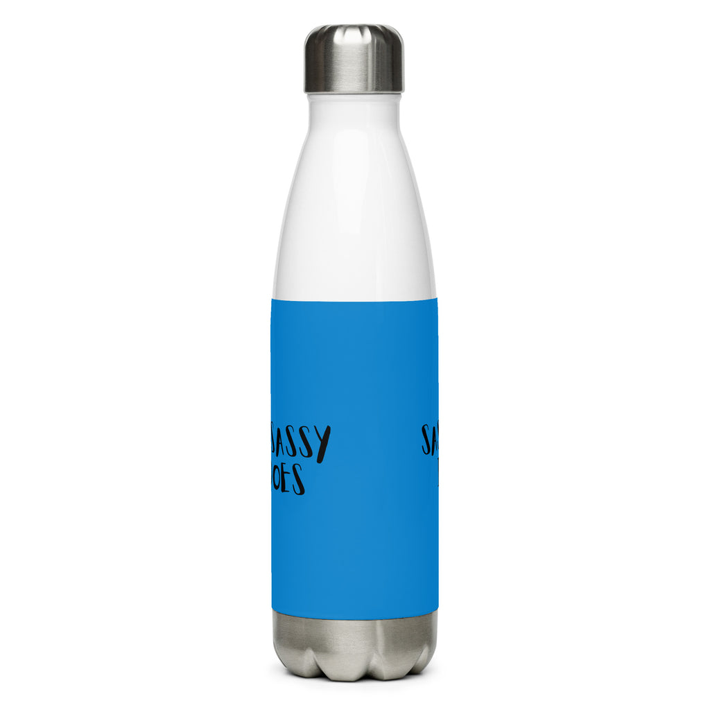 White water bottle with blue label and silver cap on a white background