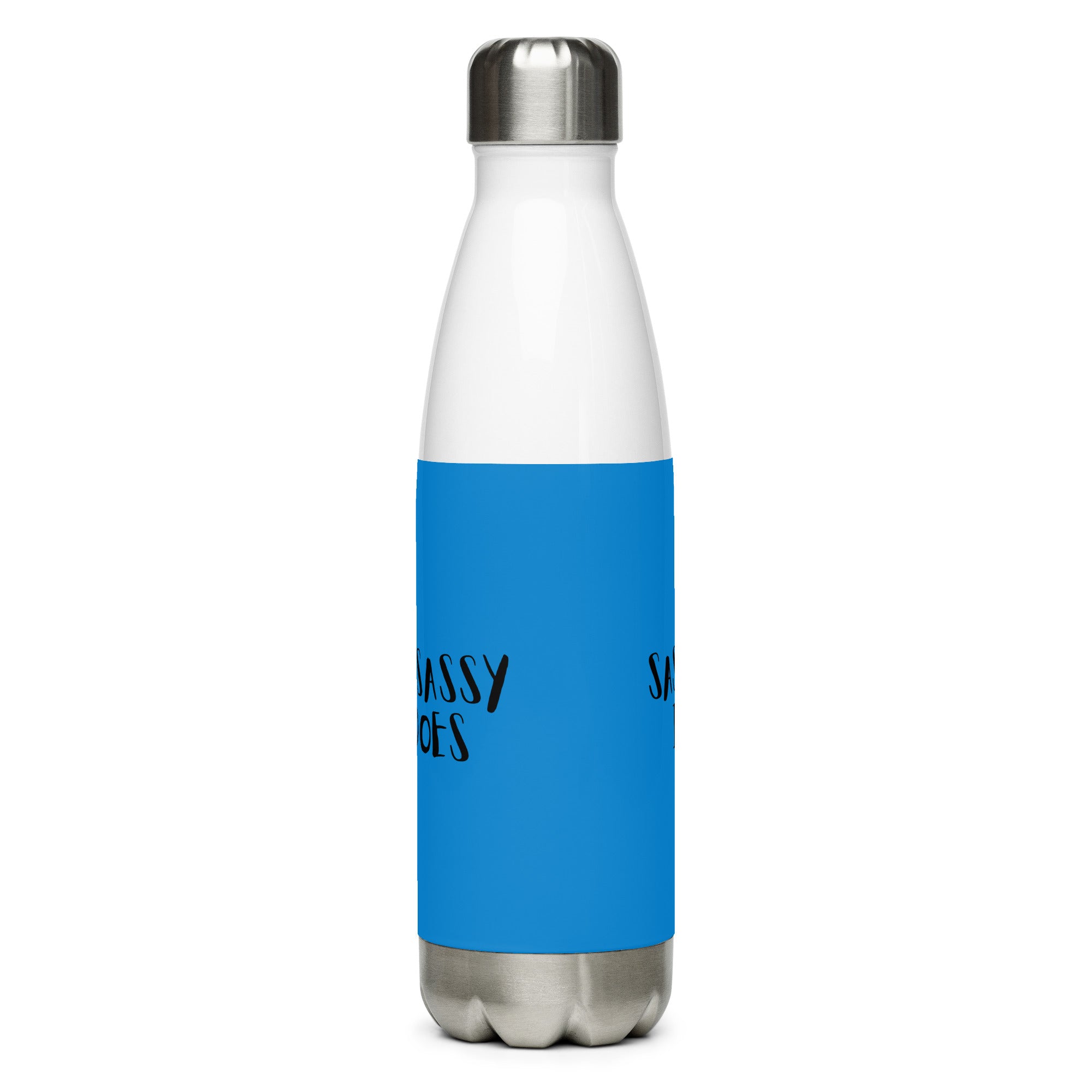 White water bottle with blue label and silver cap on a white background