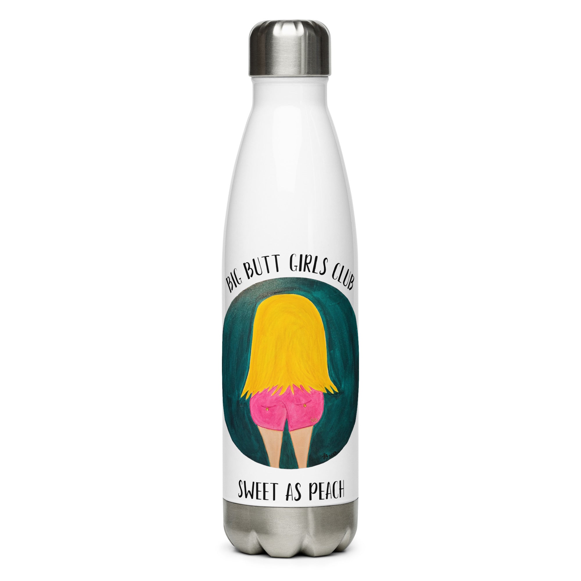 Water bottle with a graphic design of a girl with yellow hair and pink shorts on a white background