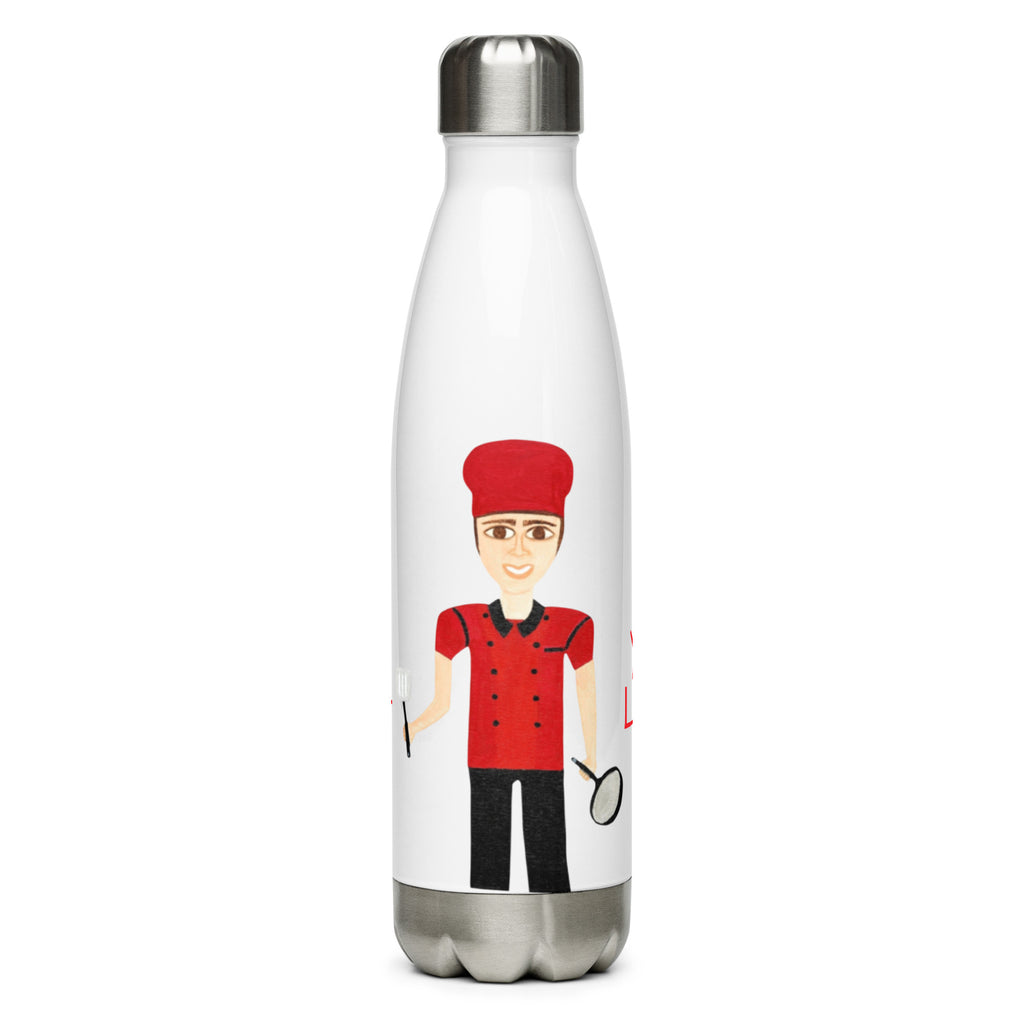 Stainless steel water bottle with a chef illustration on a white background