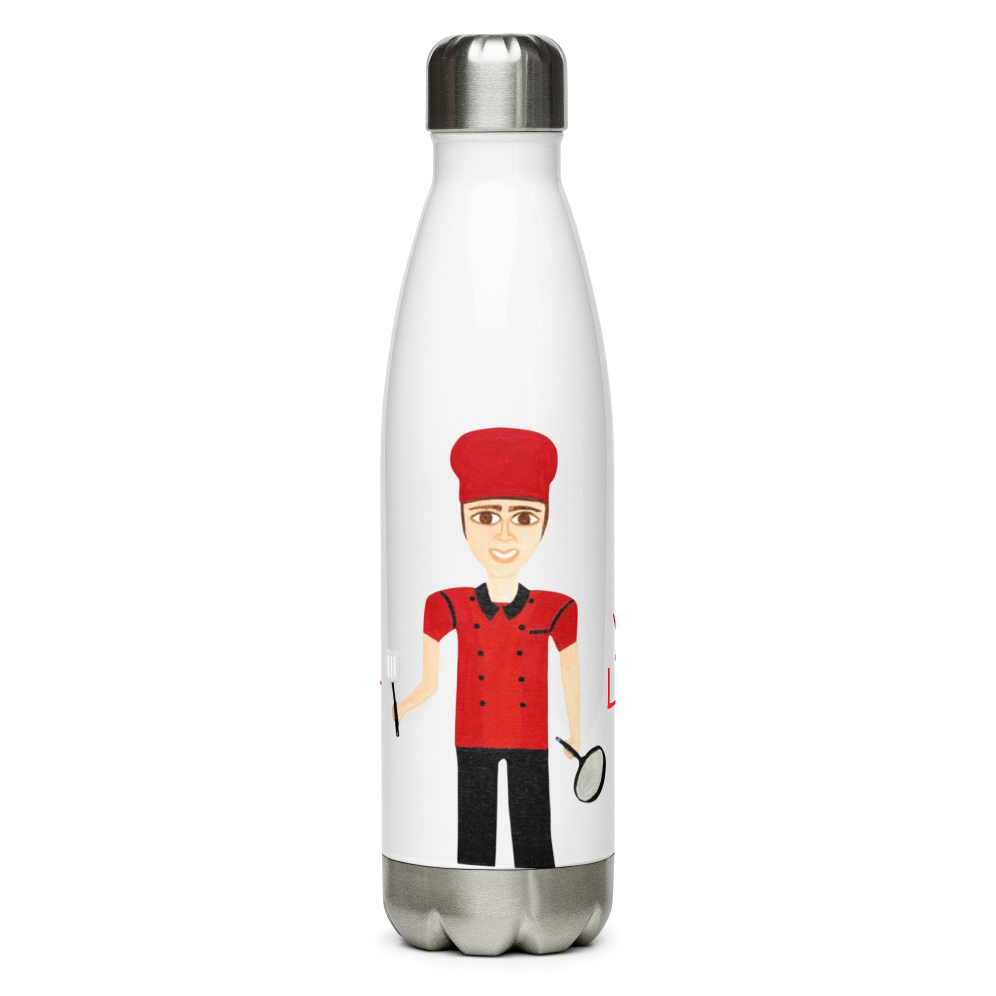 Stainless steel water bottle with a chef illustration on a white background