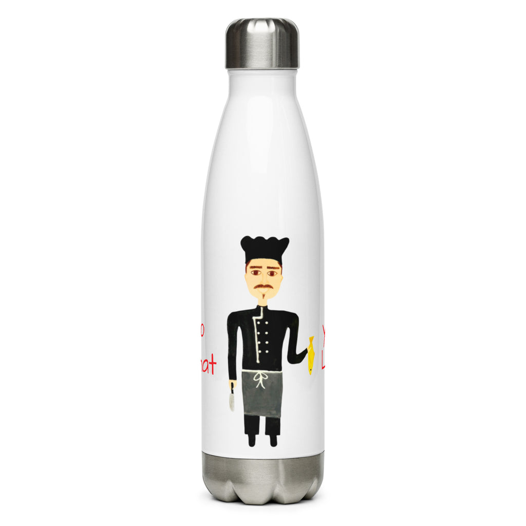White water bottle with a graphic design of a person in formal attire on a white background