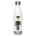 White water bottle with a graphic design of a person in formal attire on a white background
