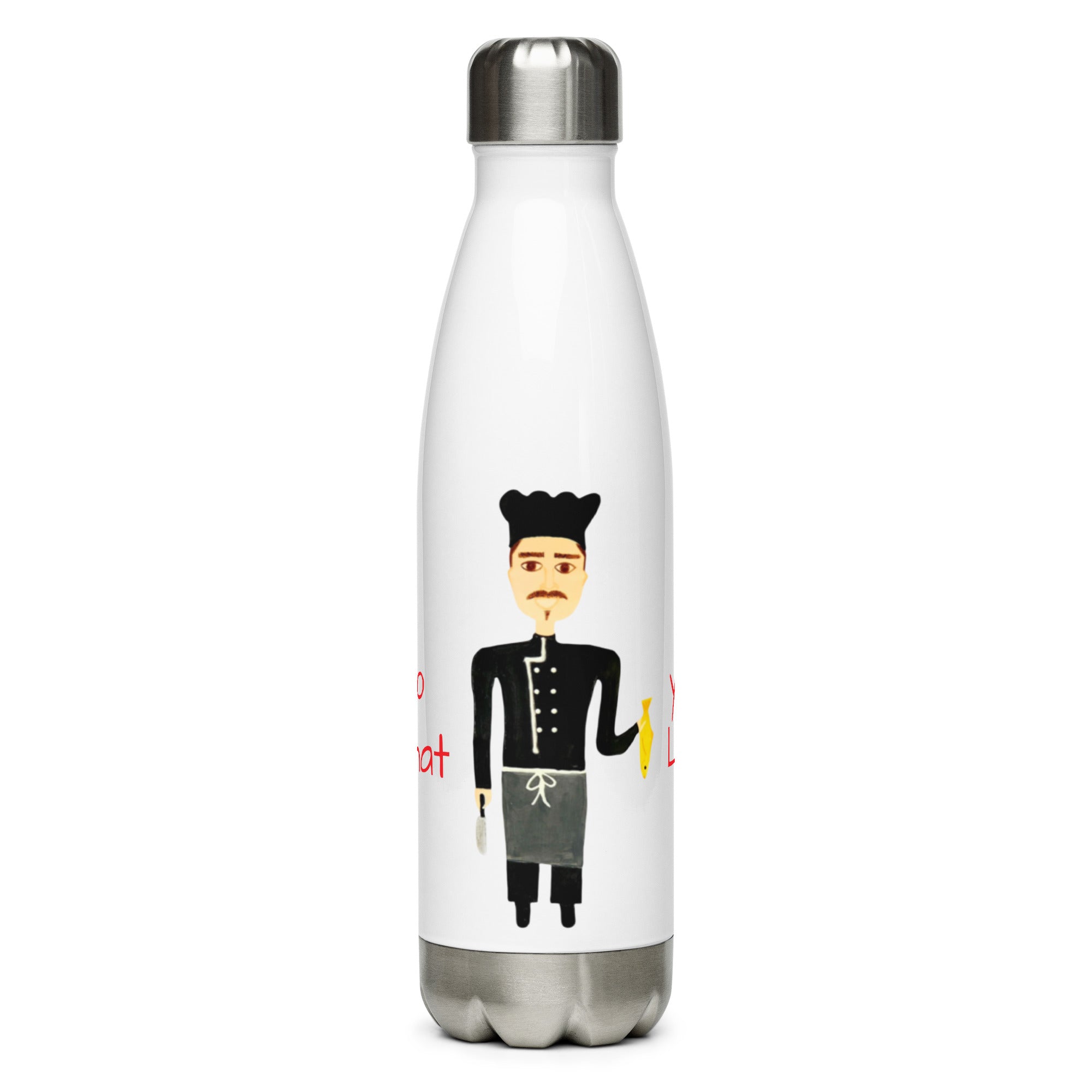 White water bottle with a graphic design of a person in formal attire on a white background