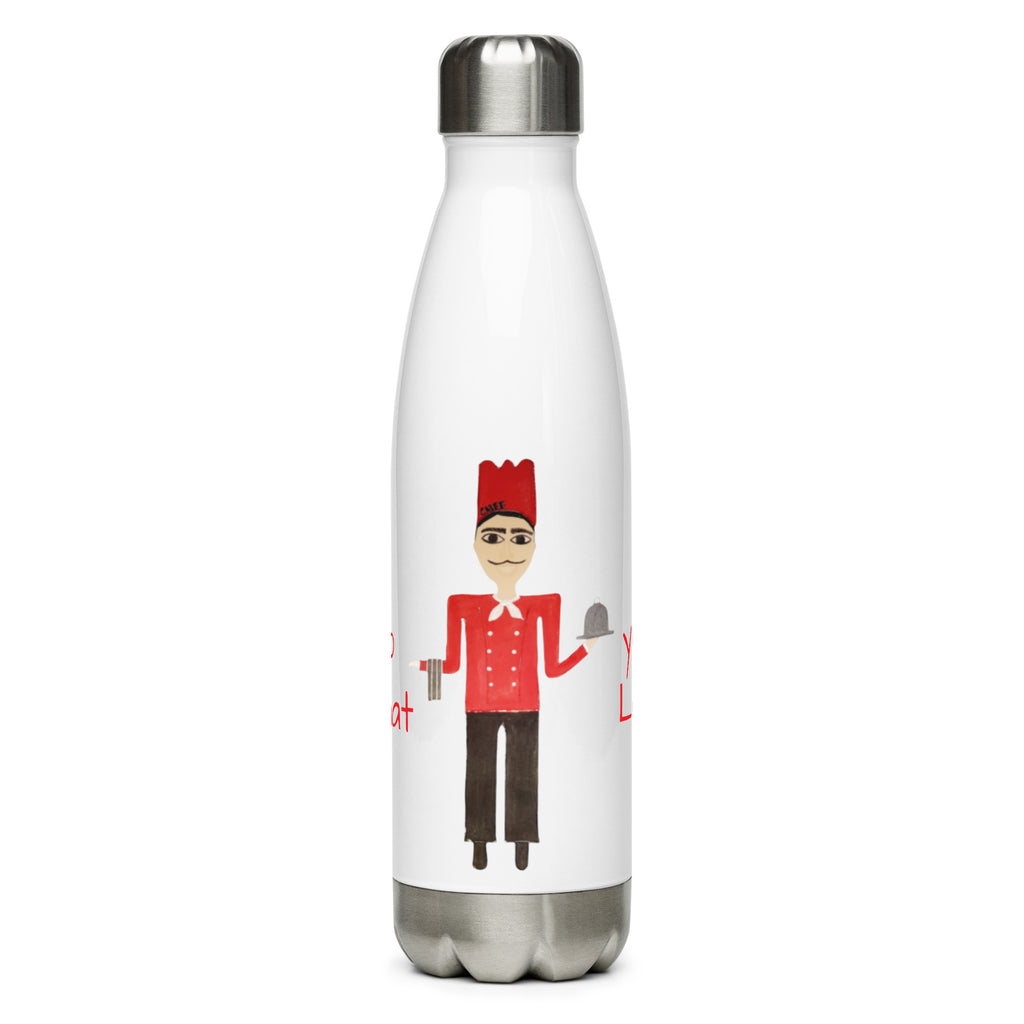 White water bottle with a cartoon character design on a white background