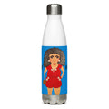 White water bottle with a colorful design of a woman on a blue background
