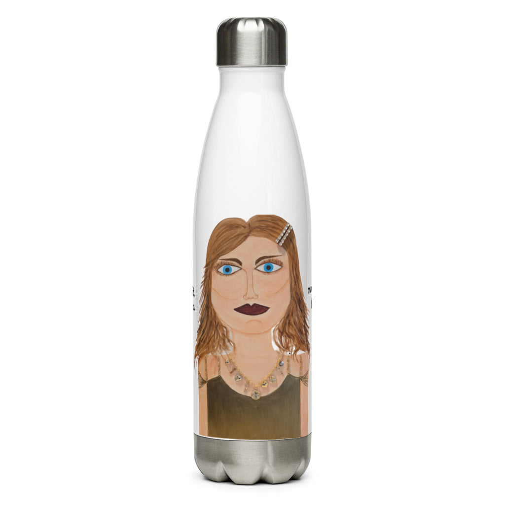 Water bottle with a stylized portrait of a woman on a white background