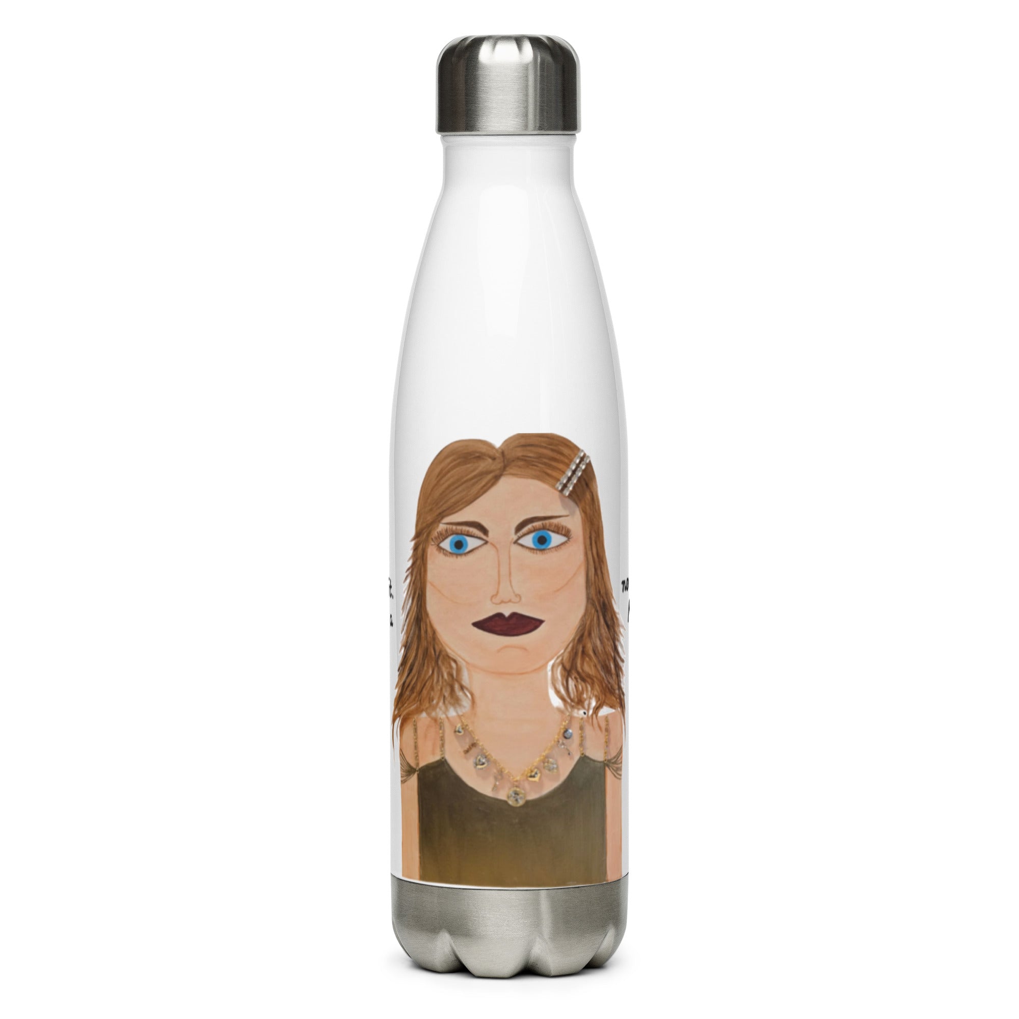 Water bottle with a stylized portrait of a woman on a white background