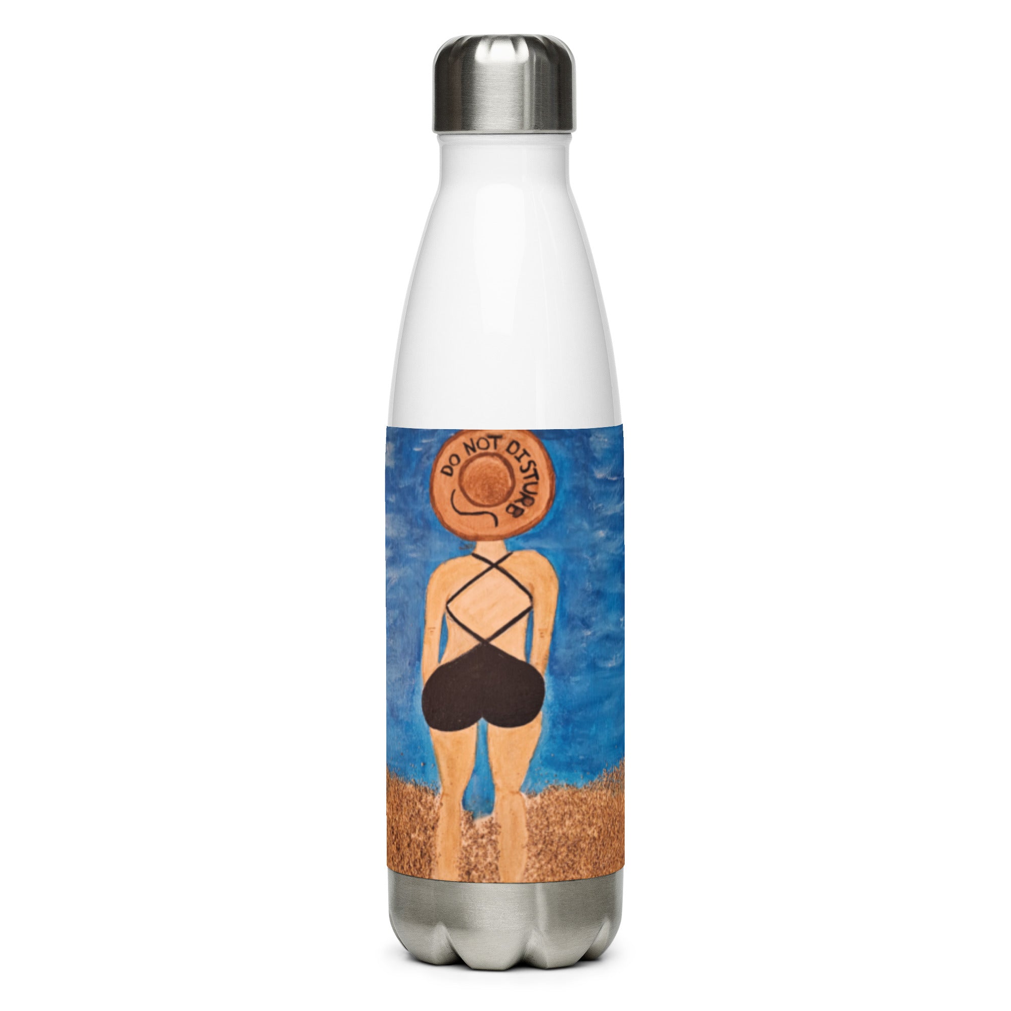 A white insulated water bottle with a silver stainless steel cap and base, featuring a colorful wrap-around illustration of a woman from behind on a beach with a blue sky and sandy shore.