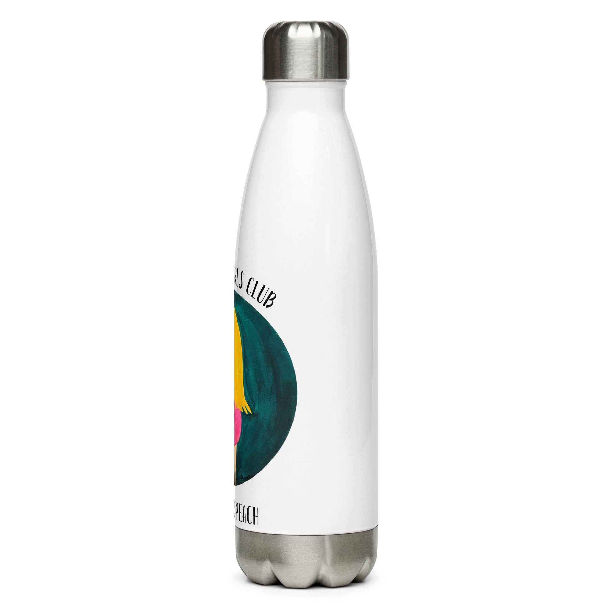 White water bottle with colorful design and text on a white background