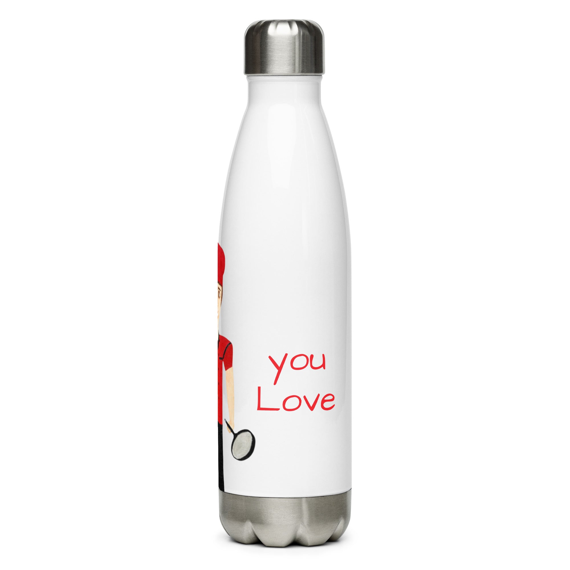 White water bottle with red text and a design on a white background
