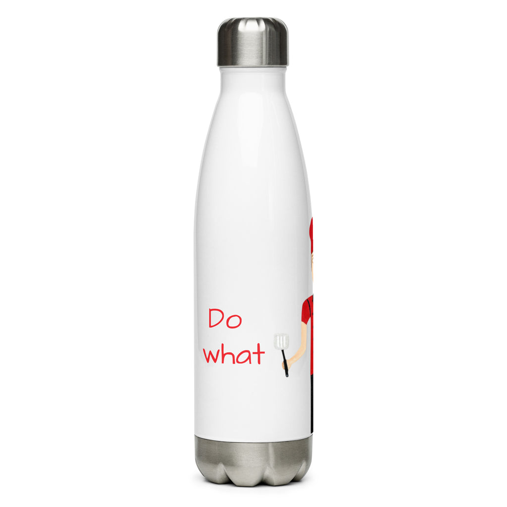 White water bottle with red text and a design on a white background